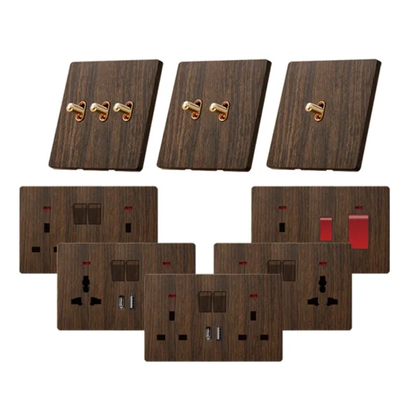 ретро Toggle Lever Wall Switch Faux Walnut Wood Grain Panel PC 86 Gang Multi Gang 1/2/3/4 Gang Universal настенная розетка