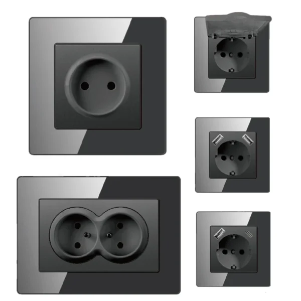 European Standard French Electrical Wall Sockets Single Pole Waterproof Colorful Acrylic Panel USB Type C Ports 220V 16A