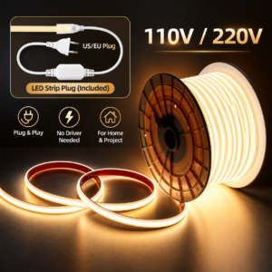 110V 220V COB LED-лента с Plug IP65 водонепроницаемый Dot Free PVC гибкий LED-лента 100m Roll уличное освещение