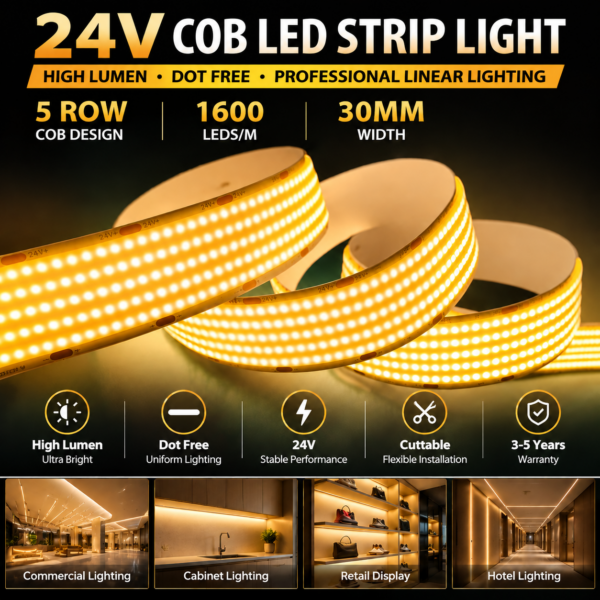 High Lumen 24V COB LED-лента 1600 LEDs/M 5 Row Ultra Bright High Density Dot Free LED-лента светильник для коммерческий линейный