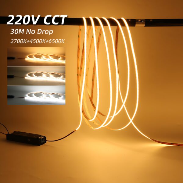 2700K-6500K CCT 220V Cob LED-лента диммируемый Three цвет гибкий Cct Cob Led Strip для Furniture/потолочный/коммерческий