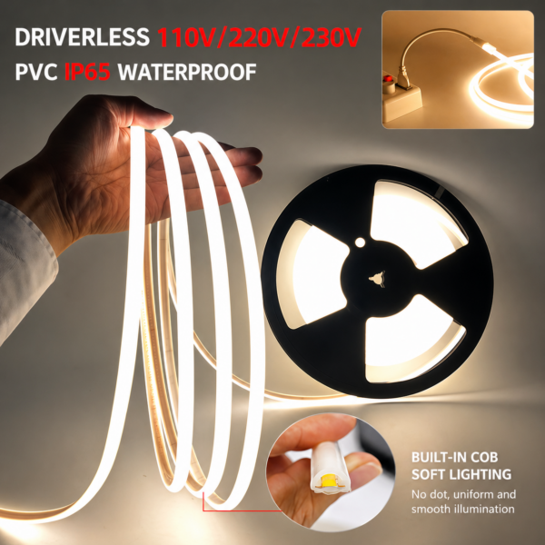 ShenZhen 110V/220V/230V Cuttable Led Strips Driverless IP65 водонепроницаемый гибкий Dot Free 296led 10m Roll Cob LED-лента