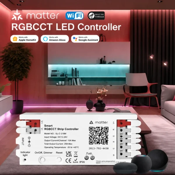 Matter Thread 5 in 1 LED RGBCW Controller 20A умный Home RGBCCT с Voice Control Compatible Apple/Alexa/Google LED Home отель