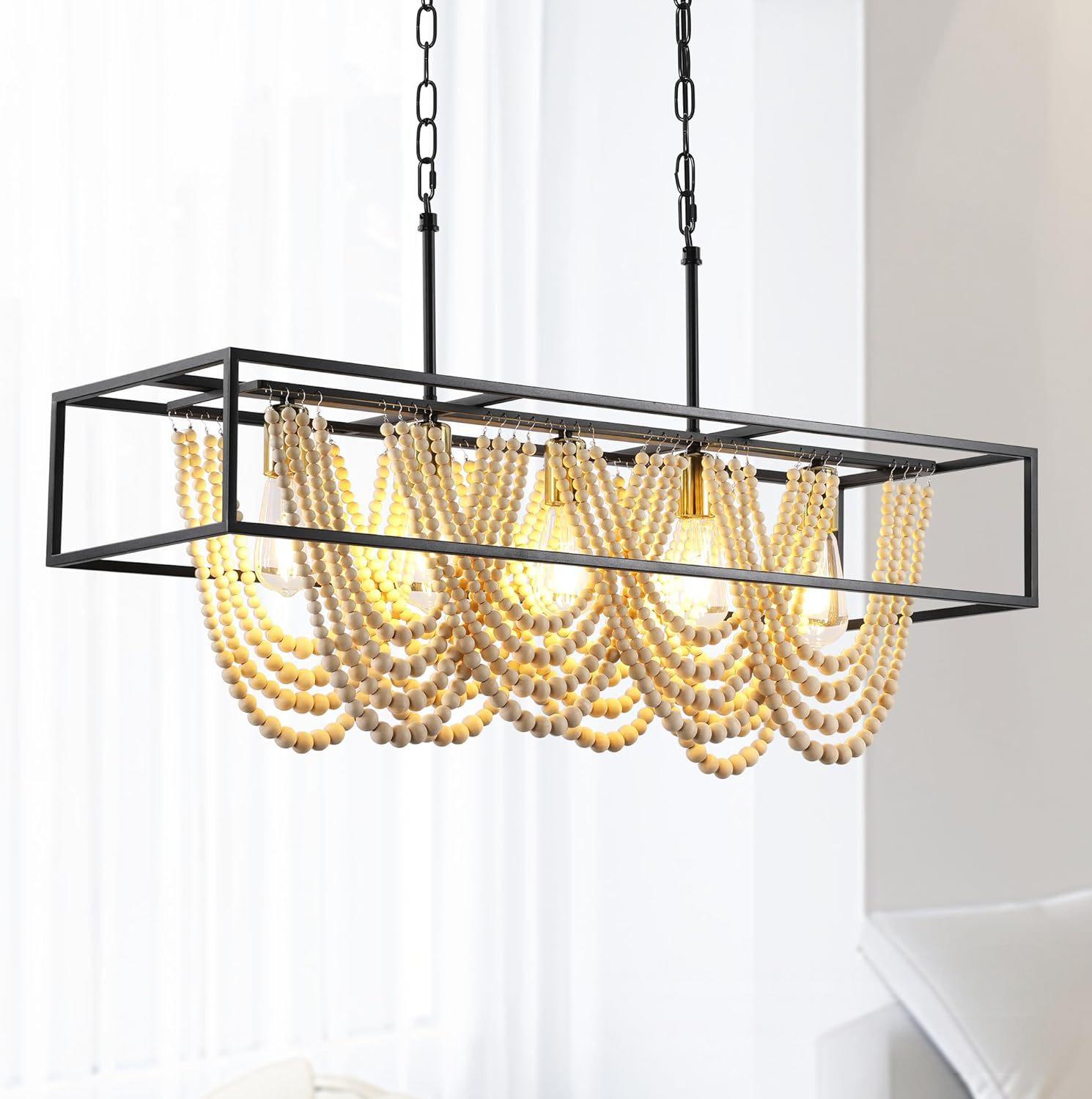 квадратный Metal отделка Natural цвет Wooden Beads Bathroom гостиная Entryway спальня Beaded люстра подвесной светильник светильник