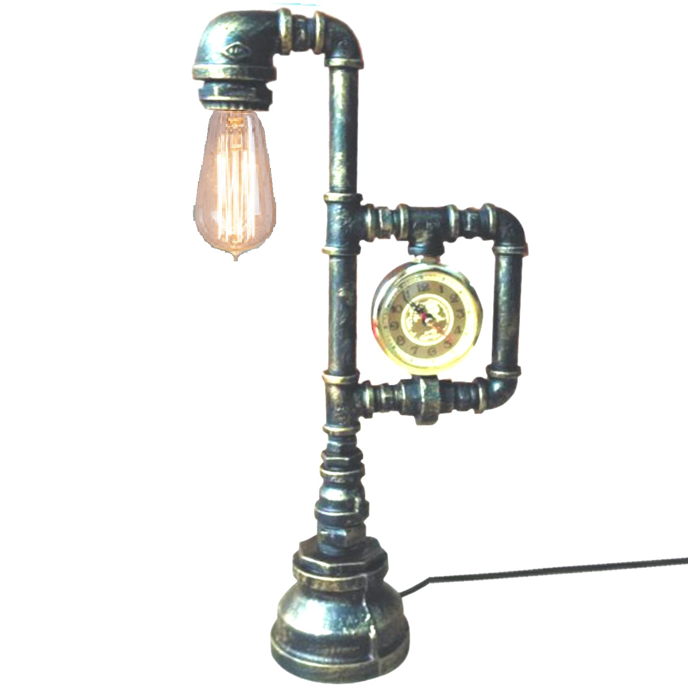 ретро промышленный Water Pipe Polished Brass отделка Desk лампа с Sturdy Base и большой Lightbulb Cone