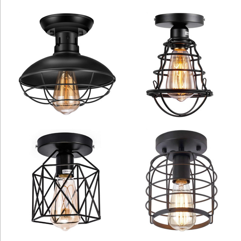 Hot Sale Black Cage Ceiling Lamp Retro Rural Industrial Iron Art Bedroom Light Ceiling