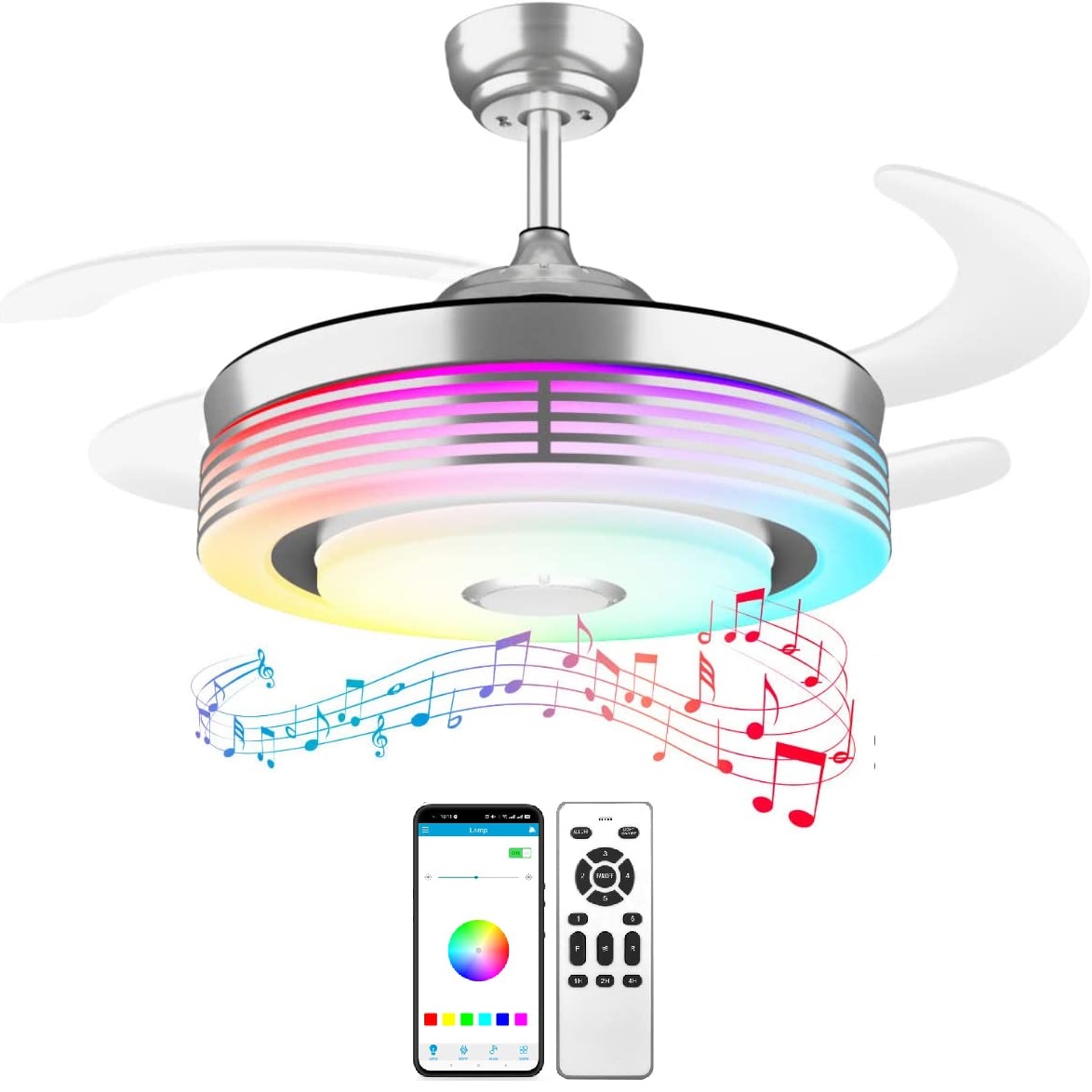 современный люстра потолочный Fan светильник RGB цвет диммируемый Retractable потолочный Fan с приложение ДУ динамик Music Invisible