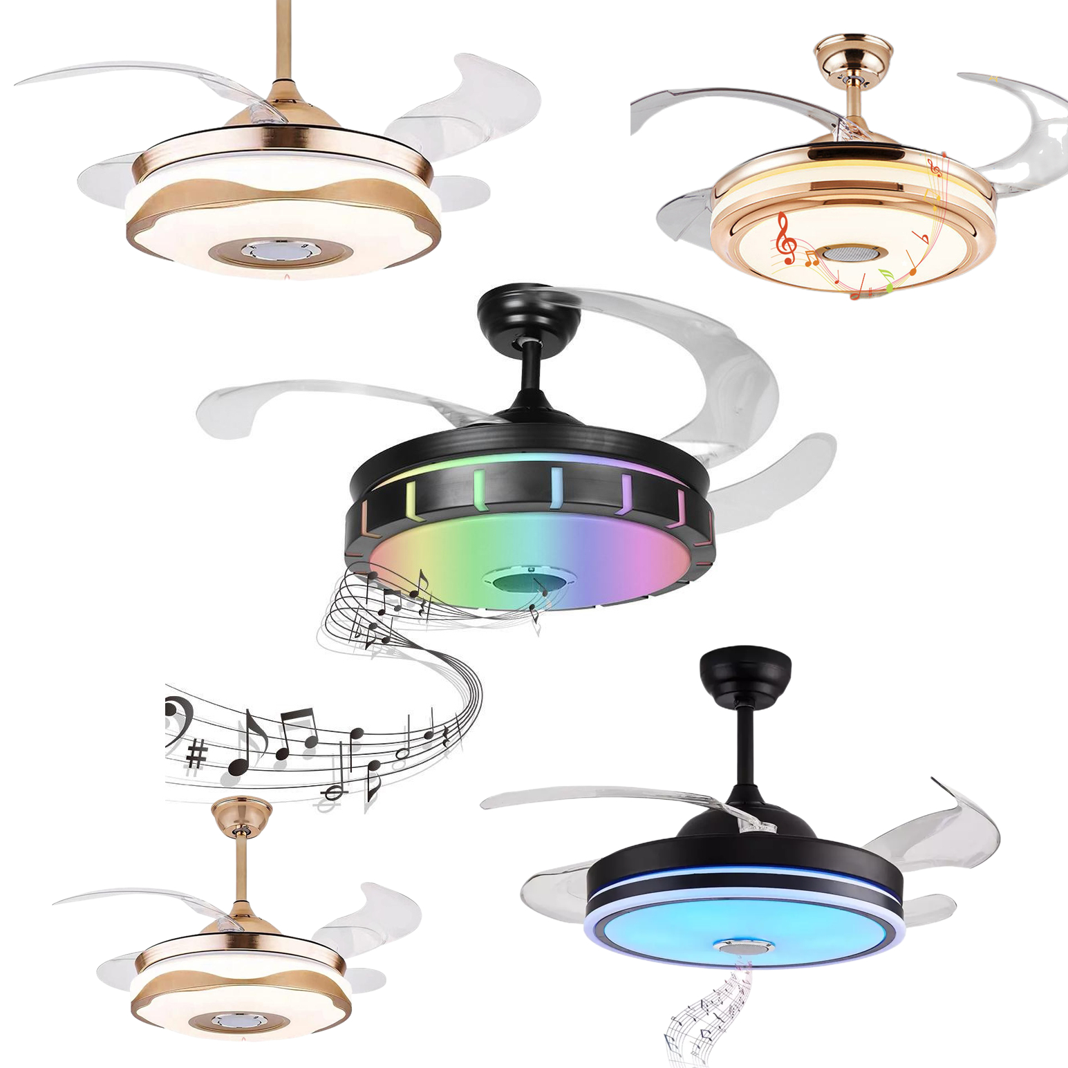 Retractable Ceiling Fan with Light and Speaker 7 Changing Color LED  Fan Chandelier with Remote 36W (42 Inch)