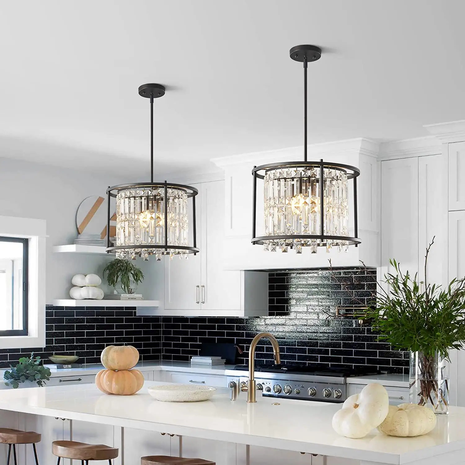 Nordic Modern Indoor Luxury Round Pendant Light Black Gold LED Hanging  K9 Crystal Chandelier