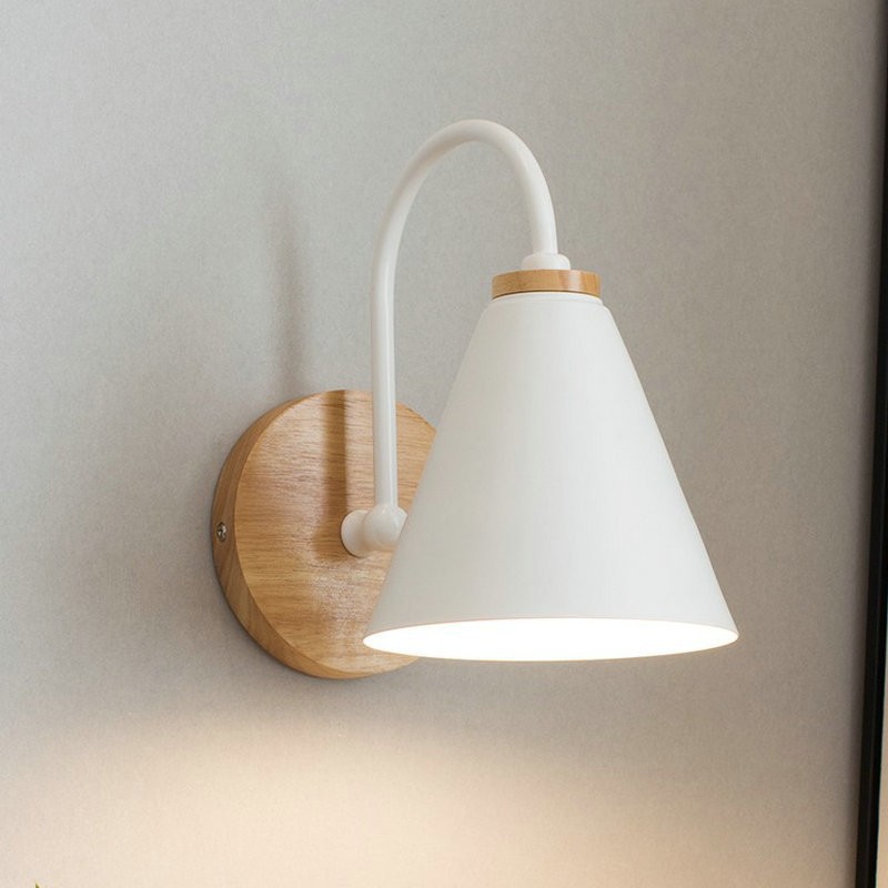 скандинавский железо Lampshade Wood Wooden Base бра спальня Metal Bedside настенный светильник
