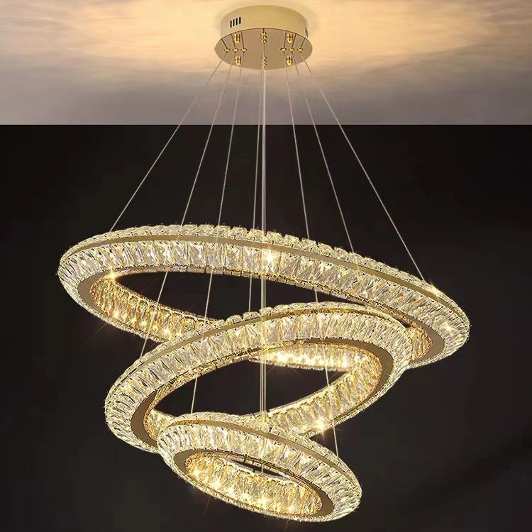 Modern Simple Light Luxury Living Room Bedroom Dining Room Villa Ring Crystal Stainless Steel Chandelier