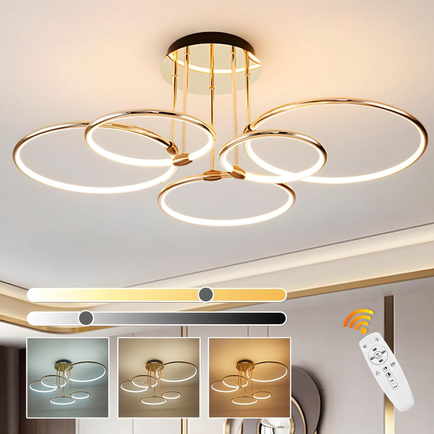 5 Rings круглый золотистый Led потолочный светильник люстра 63cm