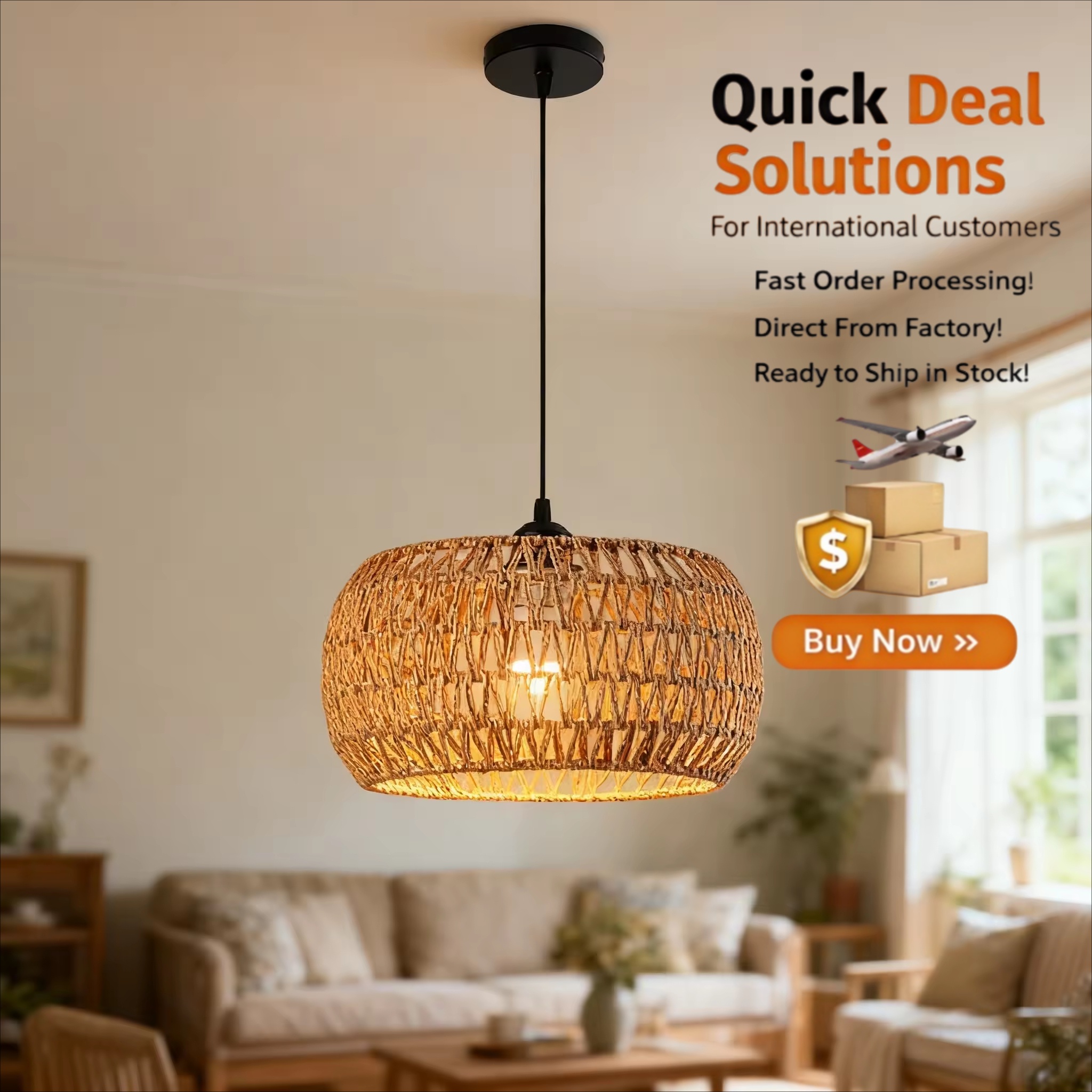 Farmhouse Woven Rattan Hanging Lamp, Vintage Modern Paper Rope Chandelier With Plug in Outlet