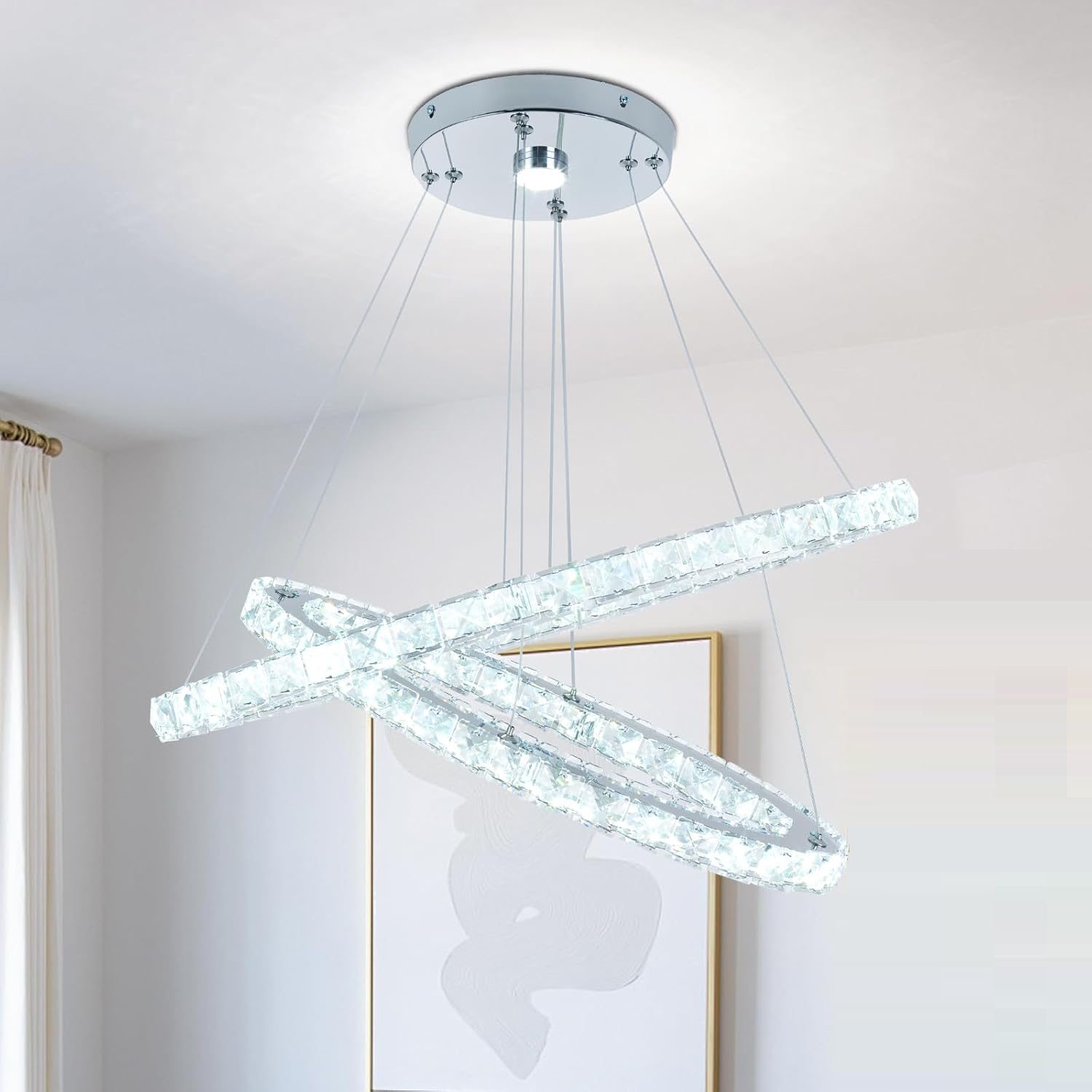 23.6'' хрустальный люстра, 2-Ring LED подвесной Island светильник, 6400K Cool White Non-диммируемый современный потолочный освещение