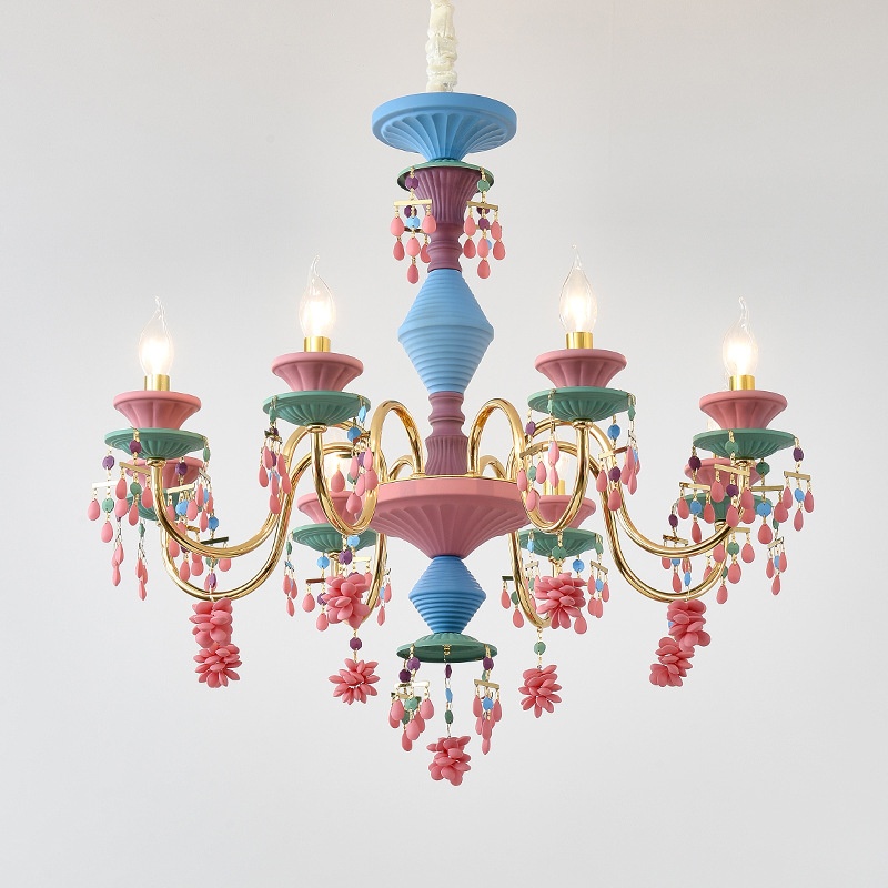 French Creative Children's Room Girl Princess Bedroom American Style Pink Crystal Adjustable Height Branch Shape Chandelier