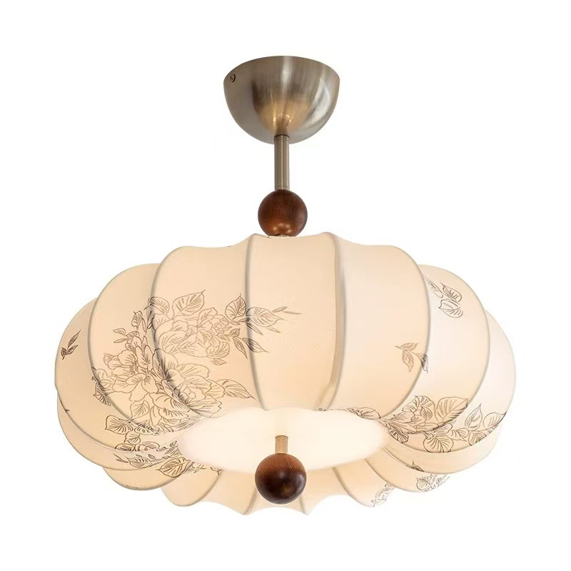 Retro Nanyang-style Mid-Century Modern Creative Pumpkin-Shaped LED Suspended Chandelier Ceiling Light Fabric Art for Bedroom