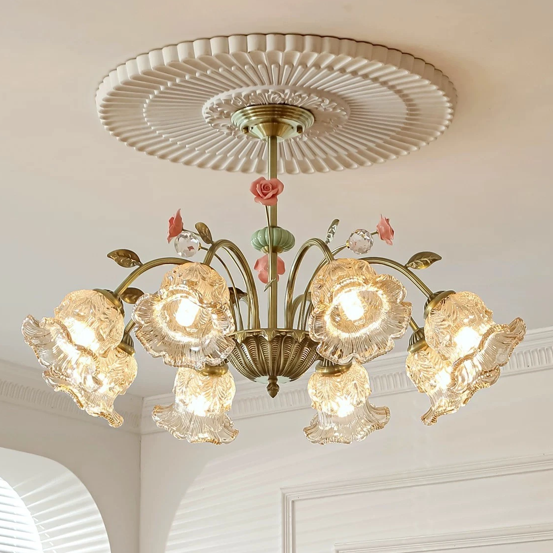 French Country Rose Chandelier Vintage Floral Glass Ceiling Light Cottagecore
