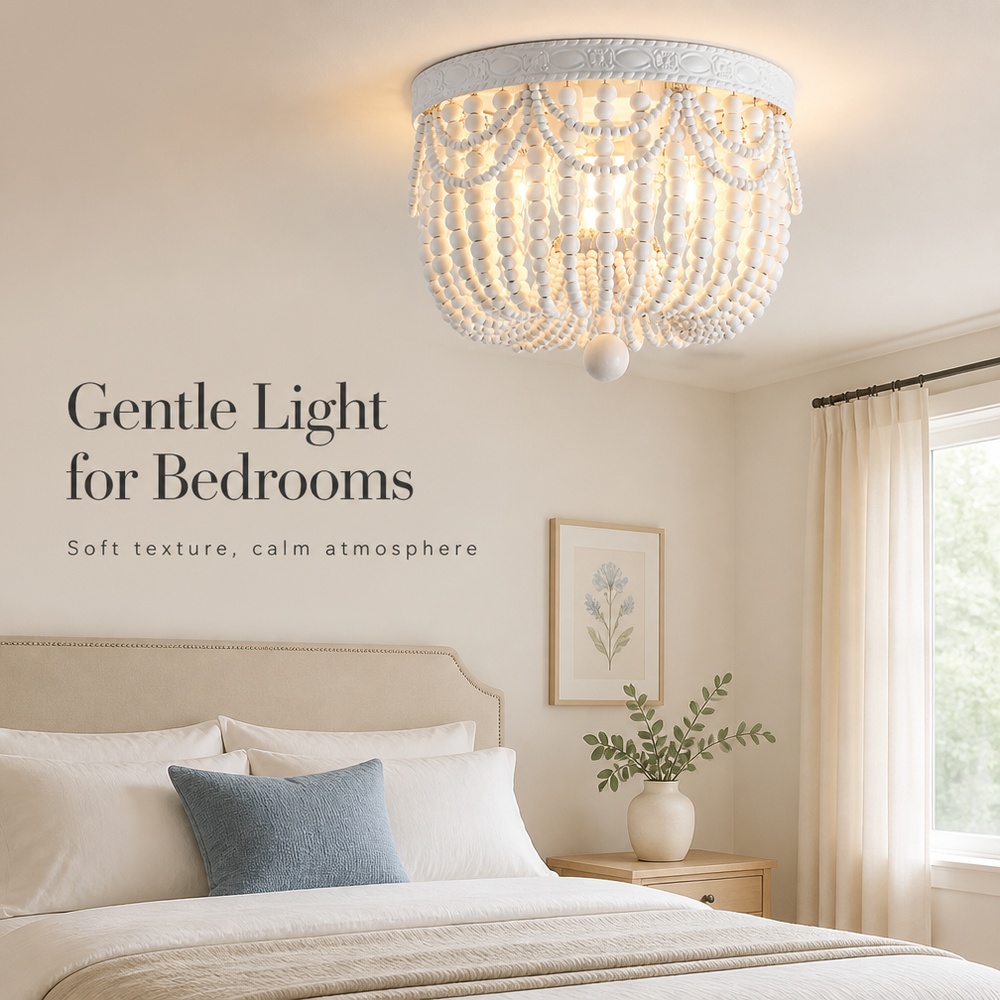 Farmhouse Semi Flush Mount Retro Wood Bead 4 Lights Chandelier E26 E27 Base Living Room Study Bed Wooden Bead Ceiling Light