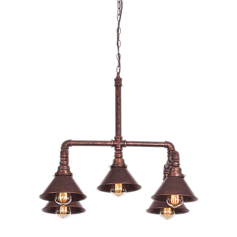 Copper Patina промышленный 5-рожковый люстра in Cone Shade Wrought железо Pipe подвесной Down освещение