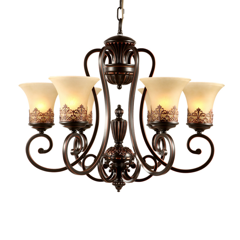 Antique Black Wrought Iron Chandelier Rustic Art Craft Bronze Glass Chandelier Ceiling Lights Hanging Lamp Bedroom