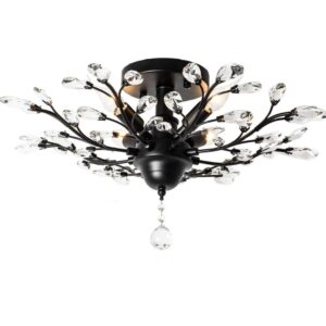 Vintage Crystal Branches Chandeliers Black Ceiling Light Flush Mounted Fixture With 4 Light 160W
