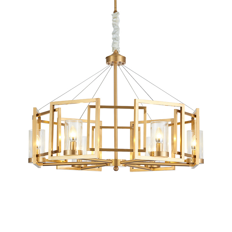 American Style Gold Box Chandelier Geometric Frame LED Pendant Lamp Modern Parlor Home Lighting